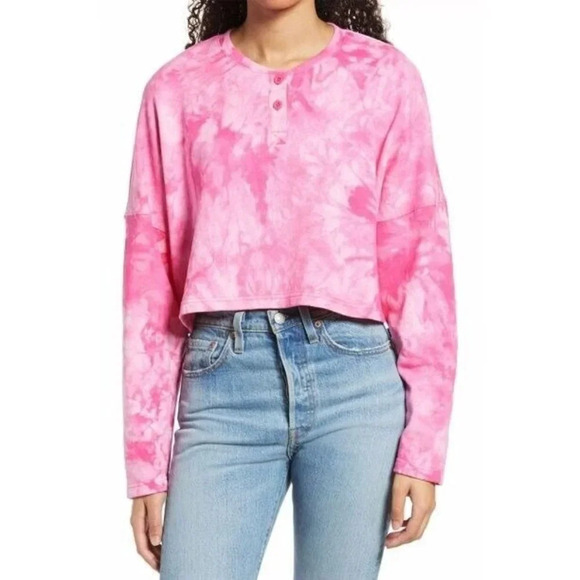 BP Nordstrom Women's‎ Henley Crop Tie Dye Sweatshirt Pink Size L NWT - Picture 1 of 11
